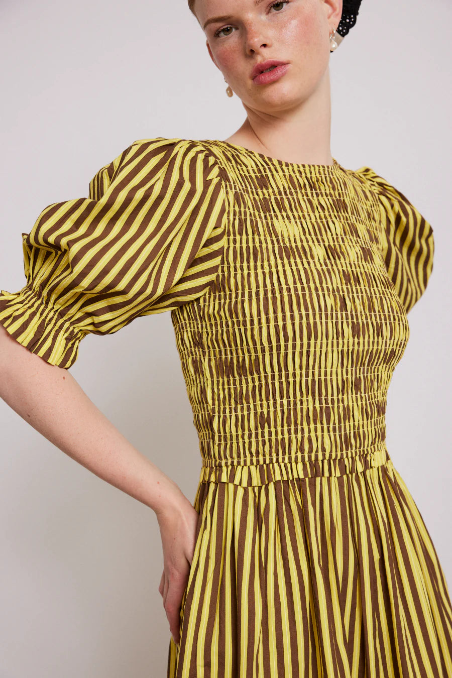 bluebelle midi dress - brown yellow stripe